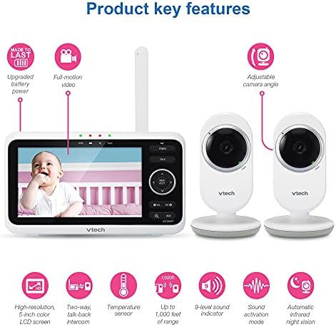 VTech Baby Monitor with 2 Cameras No WiFi & 5" Screen – Split-Screen, Patrol Mode, Night Vision, Two-Way Talk, Temperature Sensor, Lullabies, 1000ft Range | VM350-2