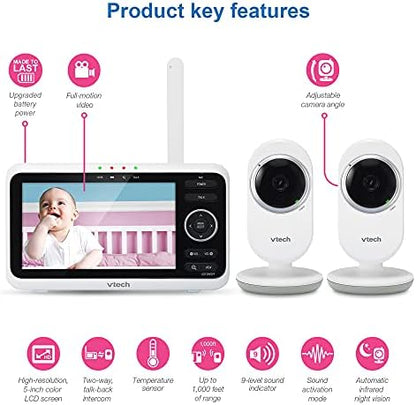 VTech Baby Monitor with 2 Cameras No WiFi & 5" Screen – Split-Screen, Patrol Mode, Night Vision, Two-Way Talk, Temperature Sensor, Lullabies, 1000ft Range | VM350-2