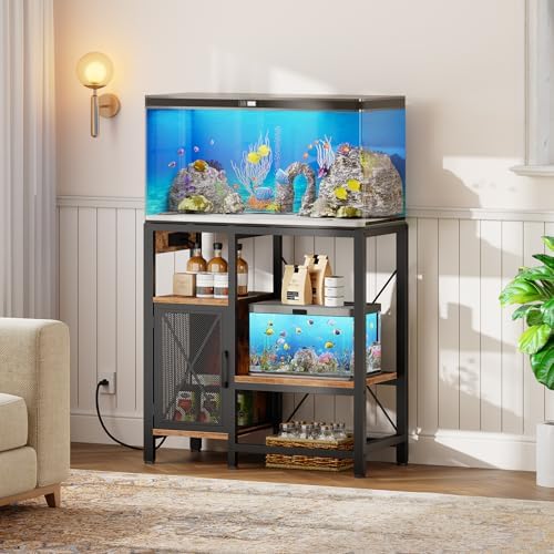 MAHANCRIS 20-37 Gallon Fish Tank Stand, Aquarium Stand with Power Outlet and Storage Cabinet, Heavy Duty Tank Stand Suitable for Turtle Tank, Reptile Terrarium, for Home Office, Rustic Brown FTHR40E01
