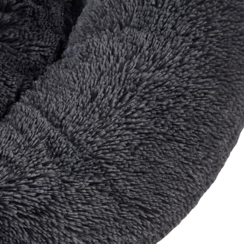 Dog & Cat Bed: Round Faux Fur Pet Bed - Plush, Cozy, & Calming Donut Bed for Medium Pets - Soft & Comfortable Sleeping Cushion for Napping & Lounging, 23" Round, Dark Gray