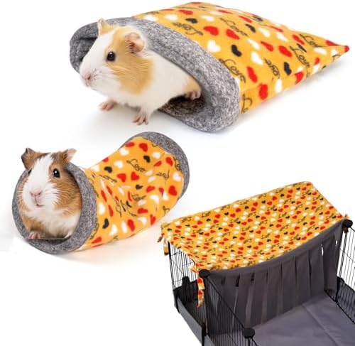 NAPLORD Small Pet Fleece Set,Guinea Pig Snuggle Sack, Tunnel,Fleece Forest Hideout,Square and Round Potty Pads for Guinea Pigs and More