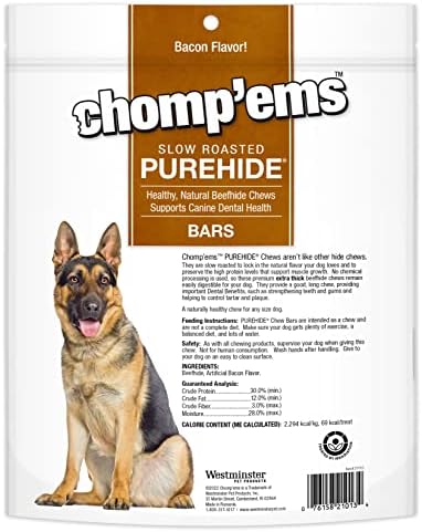 CHOMP 'EMS Purehide Beefhide Dog Chews, Bacon Flavor, 12 Oz - 100% Digestible Long Lasting Dental Treat
