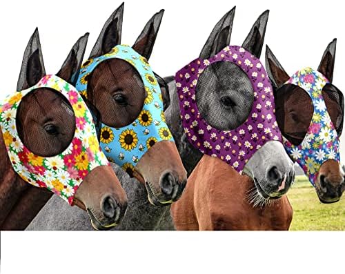 Frienda 4 Pcs Horse Fly Mask with Ears Mesh Comfort, Flower, Medium
