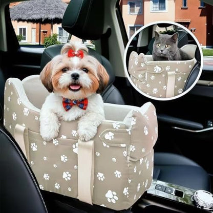 Dog Car Seat for Small Dogs (Under 15 lbs) – Center Console Pet Carrier with Safety Belt, Storage Pockets & Removable Washable Cover (Khaki Car Seat)