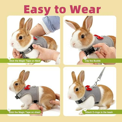 AIITLE Breathable Rabbit Harness and Leash Set with Cute Bow, Grey S