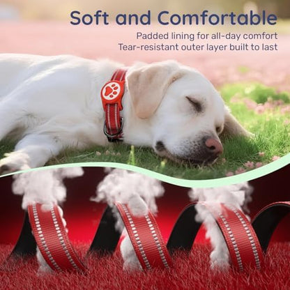 Premium Airtag Dog Collar，with IP68 Waterproof AirTag Holder,Red,M