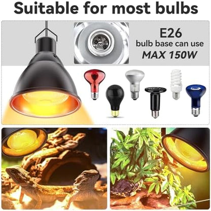 Reptile Light Fixture,7inch Deep Dome Reptile Light Fixture with 3/6/12 Timer, Infrared Reptile Heat Lamp Max 150W Blub, for Turtle Bearded Dragon Lizards Snake（1PCS 150W Bulb Included）