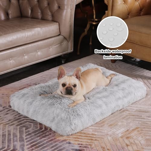 Bedfolks Plush Dog Crate Bed, Washable Cover, Faux Fur Dog Kennel Pad - 35"x23", Grey