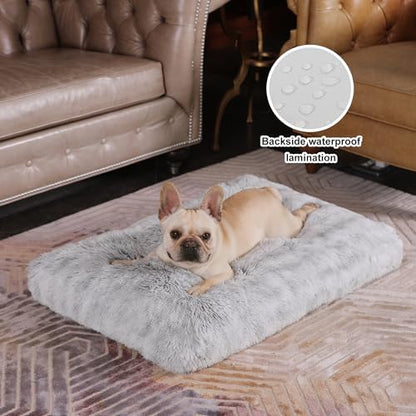 Bedfolks Plush Dog Crate Bed, Washable Cover, Faux Fur Dog Kennel Pad - 35"x23", Grey