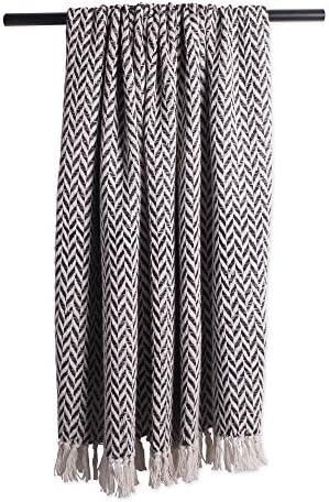 DII Modern Zig Zag Throw Blanket Woven Cotton, Hand-Knotted 2.5" Fringe, 50x60, Black