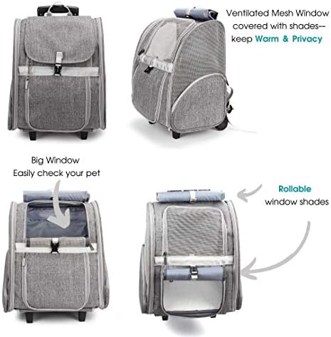 Lollimeow Pet Rolling Carrier, Dog Backpack with Wheels,Cats,Puppies Travel Bag with Wheels,Dog Trolley(Grey)