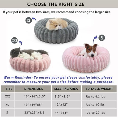 Donut Small Dog Bed Washable Cute Puppy Beds with Corduroy Fleece & Anti Slip Bottom, Round Faux Fur Pet Snuggle Beds for Large Cat, Pink, Small Breed 23x23x5.5 inches