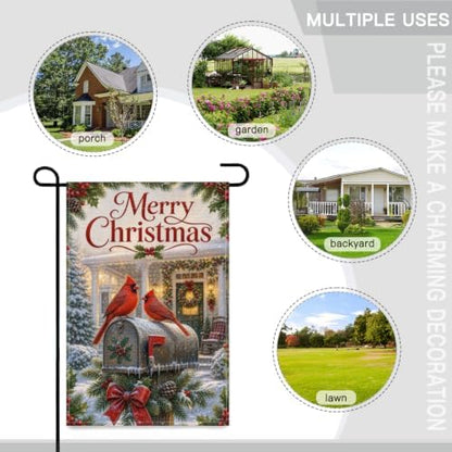Merry Christmas Garden Flag 12x18 Inch Cardinal Pair Snowy Mailbox Holly Berry Pinecone Wreath Classic Winter Outdoor Yard Lawn Front Porch Welcome Double Sided Banner Decor