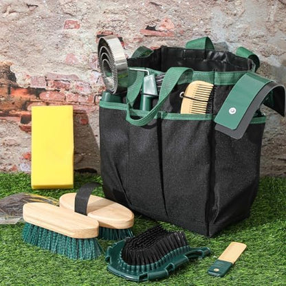 Abbylike 12 Piece Horse Grooming Kit with Organizer Tote Bag Brush Sets for Derby Day Show Horses Professional Tools for Care & Massage(Khaki and Green)