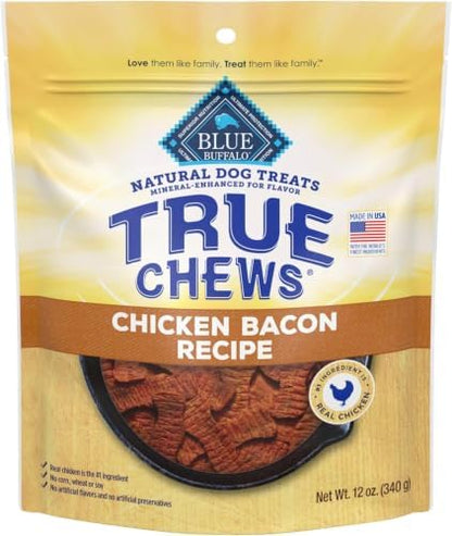 Blue Buffalo True Chews Dog Treats, Made in the USA with Natural Ingredients, Chicken Bacon Recipe, 12-oz Bag (Pack of 6)