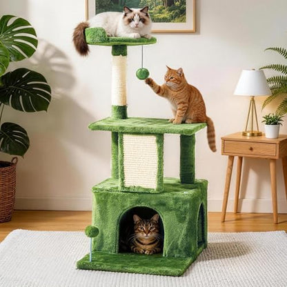 32.8inch Small Cat Tree Tower Condo for Indoor Cats, Soft Plush Multi-Level Climbing Tree Cat House with Cat Cave, Scratching Post, Sisal Rope, Green