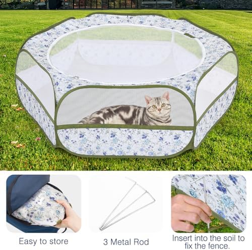 Pawaboo Small Animal Playpen with Zippered Cover, Blue + White Flower