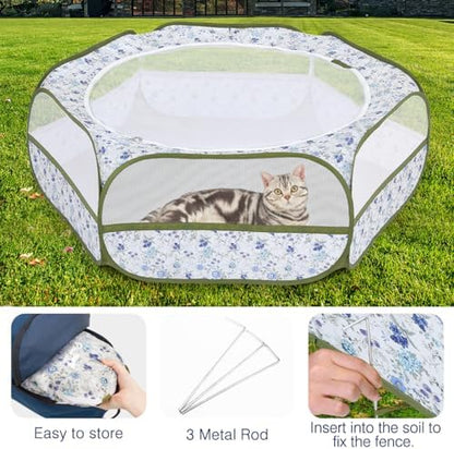Pawaboo Small Animal Playpen with Zippered Cover, Blue + White Flower