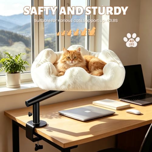 Cat Desk Bed, 360° Rotatable Adjustment Desk Cat Bed, Supports 40 lb, Detachable & Washable Cat Bed for Desk with Soft Faux Fur, for Remote Workers, Office Staff and Gamers