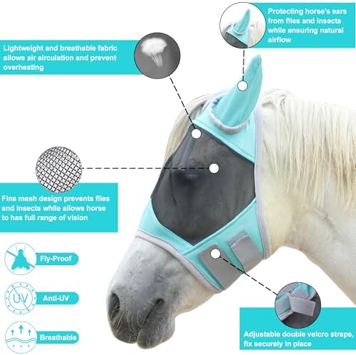 Horse Fly Mask with Ears, Full Face Equine Fly Mask UV Protection