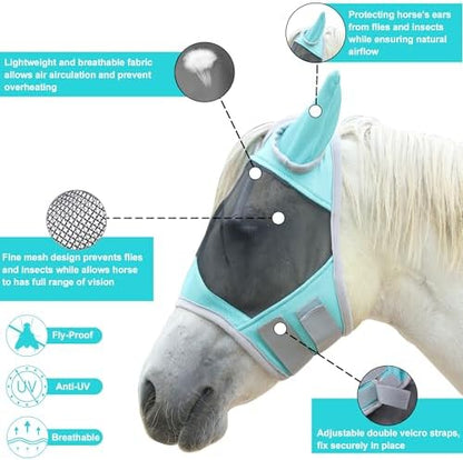 Horse Fly Mask with Ears, Full Face Equine Fly Mask UV Protection