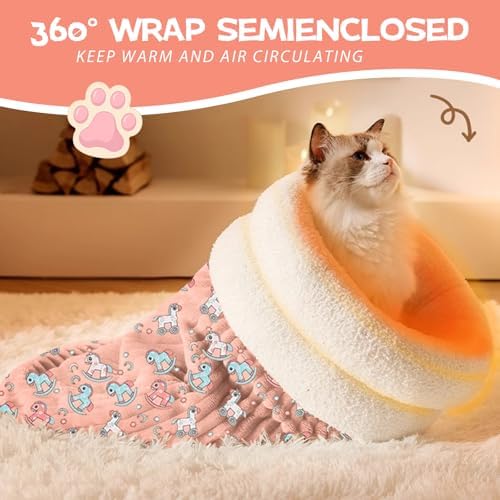 New Sleeping Bag for Cats, Cozy Self Warming Cat Sleeping Bag for Indoor Cats, 360° Wrap Cat Hideaways Pet Snuggle Sack for Sleeping Relax Play (Pink)