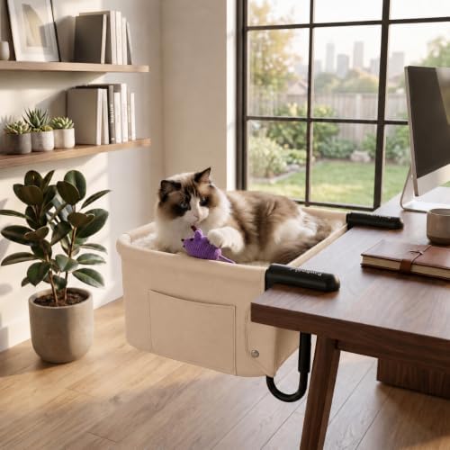 Heavy Duty Clamp-On Cat Desk Bed for Large Cats Up to 50 LBS | Desk Mount Cat Perch with Dual-Sided Detachable Mat & Side Storage Pockets, Tool-Free Install for Office & Gaming Desk(White)
