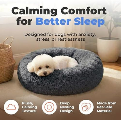 Best Pet Supplies Round Calming Dog Bed for Small, Medium & Large Dogs, Plush Donut Cuddler Pet Bed w/Raised Rim for Head, Neck Support, Anti-Slip Bottom Washable Bed - Gray, 20 x 20 x 6