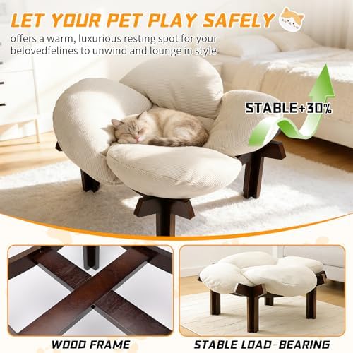 Elevated Wooden Cat Bed with Fluffy Cushion Raised Lounge Sofa