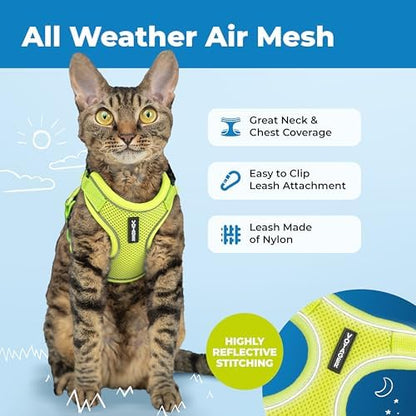 Voyager Escape-Proof Step-in Lock Cat Harness & 5ft Neoprene-Handle Leash Set All-Weather Mesh with Reflective Stitching for Small to Large Cats by Best Pet Supplies, Lime (327), M