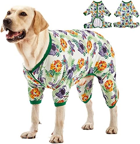 LovinPet Large Dog Pajamas Bodysuit, Dog Shirt, Big Hippo Green Print, 2XL