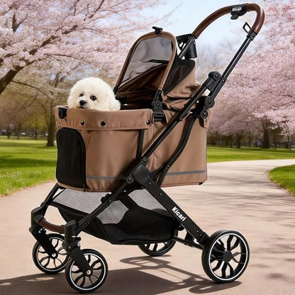 All-Terrain Dog Stroller for Small to Medium Dogs, Pet Stroller for Dogs & Cats Outdoor Walks, One-Hand Easy Fold, Double-Layer Anti-UV & Waterproof Canopy & Breathable Mesh, Mocha Brown