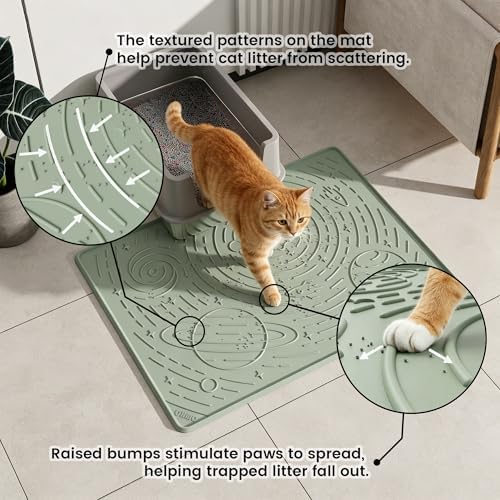 OHMO Large Cat Litter Mat 31.5x23.6" High Raised Edge Silicone, Sage Green