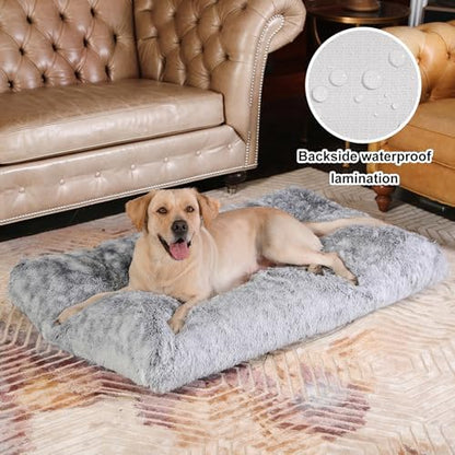 Bedfolks Waterproof Crate Bed, Plush Dog Kennel Pad with Removable Washable Cover, Faux Fur, Fluffy, 41"x27", Dark Grey