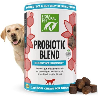 Only Natural Pet Probiotic Dog and Cat Supplement - Digestive & Gut Health Enzyme Formula, Puppy & Canine Digestive Chews, Best for Stomach Relief & Gas Aid - Soft Chews, 120 Count.