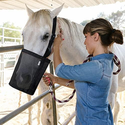 Horse Feed Bag, Nylon Mesh Grain Horse Feed Bucket (Black 2P)