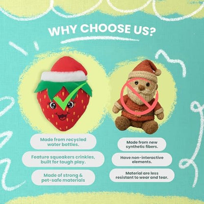 Snugarooz Berry Christmas Dog Toy with Repair Patch – Plush Made from Recycled Bottles – Holiday Design for Small & Medium Dog Breeds