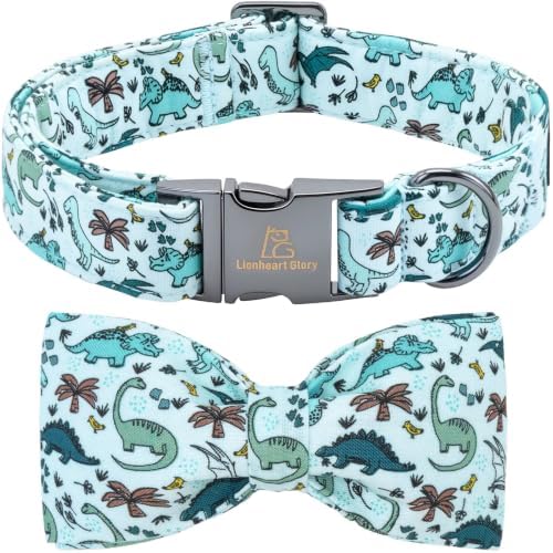 Lionheart glory Dog Collar with Bow Tie, Cute Blue Dinosaur Print Dog Collar, Sturdy Adjustable Summer Pet Collars for Large Dogs Male/Female Puppy