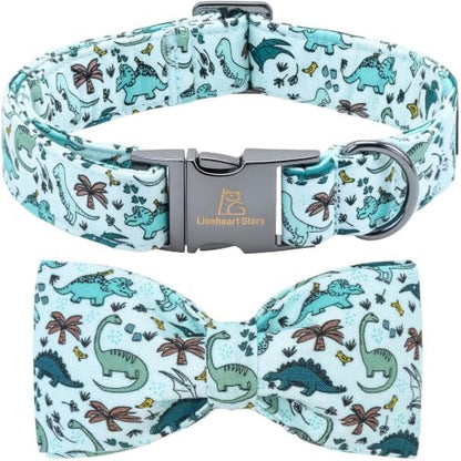 Lionheart glory Dog Collar with Bow Tie, Cute Blue Dinosaur Print Dog Collar, Sturdy Adjustable Summer Pet Collars for Large Dogs Male/Female Puppy