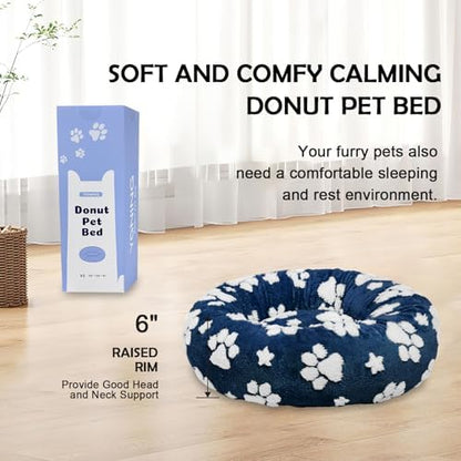 Round Cat Beds for Indoor Cats, Small Donut Dog Beds, Navy Blue, 20"