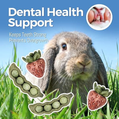 TEEWY 4PCS Guinea Pig Toys, Prevent Teeth Overgrowth, Natural Vegetables and Timothy Grass, Hamster Chew Toys, Guinea Pig Chew Toys, Chinchilla Toys, Peapod and Stawberry Chew Toy Set