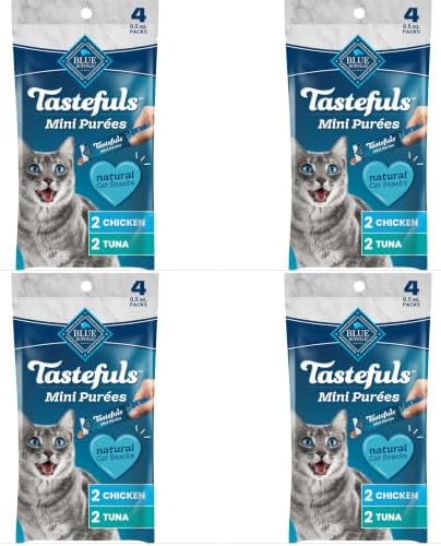 Blue Buffalo Tastefuls Mini Purées, Adult Cat Natural Single-Serving Snack, 4-Count Variety Pack Chicken and Tuna, 0.5 oz. (Pack of 4)