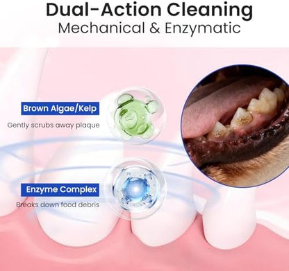 Dog & Cat Teeth Cleaning Powder: Plaque & Tartar Control with Brown Algae, Kelp, Probiotics (1.3B CFU), Sodium Hexametaphosphate & Enzymes – Freshens Breath – Chicken Flavor, 64 Scoops