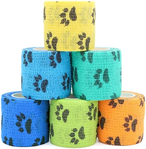 Self Adhesive Bandage Wrap Animal Cohesive Bandage Self Adherent Wrap First Aid Tape for Dogs Cats Horses Birds & Wrist Healing Ankle Sprain (2 Inch Mixed Cat Paw 6 Rolls)