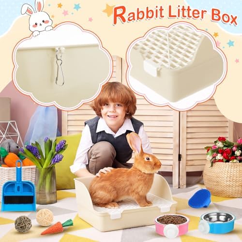 Reallnaive 15 Pcs Rabbit Starter Kit Small Rabbit Litter Box Girls Gift Animal Grooming Kit Bunny Toys Bowl Blankets with Cleaning Set for Guinea Pig Accessories(Beige)