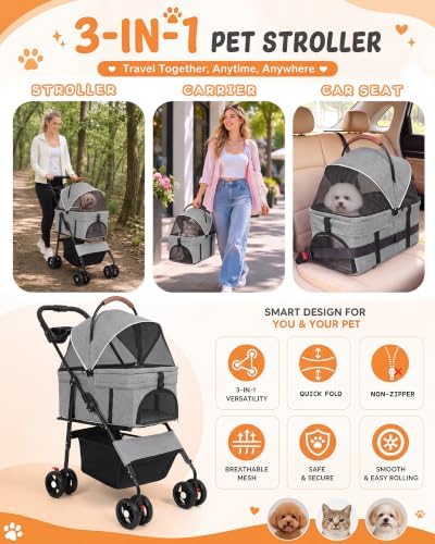 Pet Stroller, 3 in1 Foldable Dog Cat Stroller with Detachable Carrier-Gray