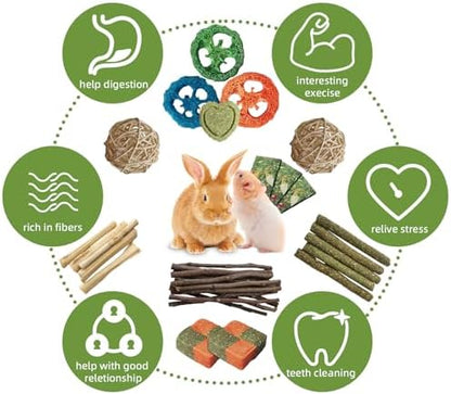 Chew Treat Rabbit Toys for Teeth Health, Natural Bunny Enrichment Toys for Boredom & Stress Relief, Keep Busy Toys for Guinea Pig Chinchilla Hamster Rat Gerbil Degu (50-60PCS)