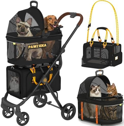 PAWZIDEA Double Pet Stroller with 2 Detachable Carrier for Multiple Pets