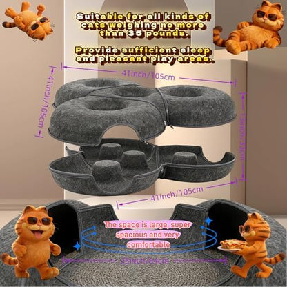 4-in-1 Large Cat Tunnel Bed for Multiple Large Cats, Scratch Resistant Donut & Detachable & Washable Donut Cat Bed,Up to 45 Lbs (L 40x40x11,Charcoal Gray),Bonus Pet Hair Remover Included