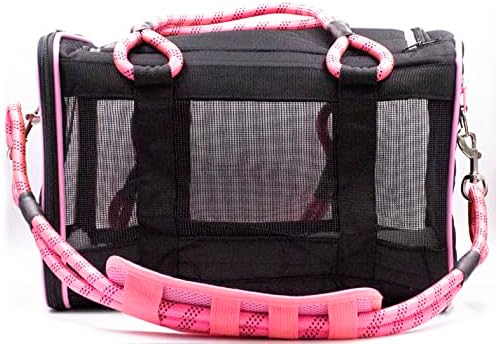 Buddy's Best Airline Approved Pet Carrier Black & Pink Heavy Duty, Fits Under Seat, TSA Compliant, Ventilated Mesh Design w/Waterproof Base & Reflective Safety Strips